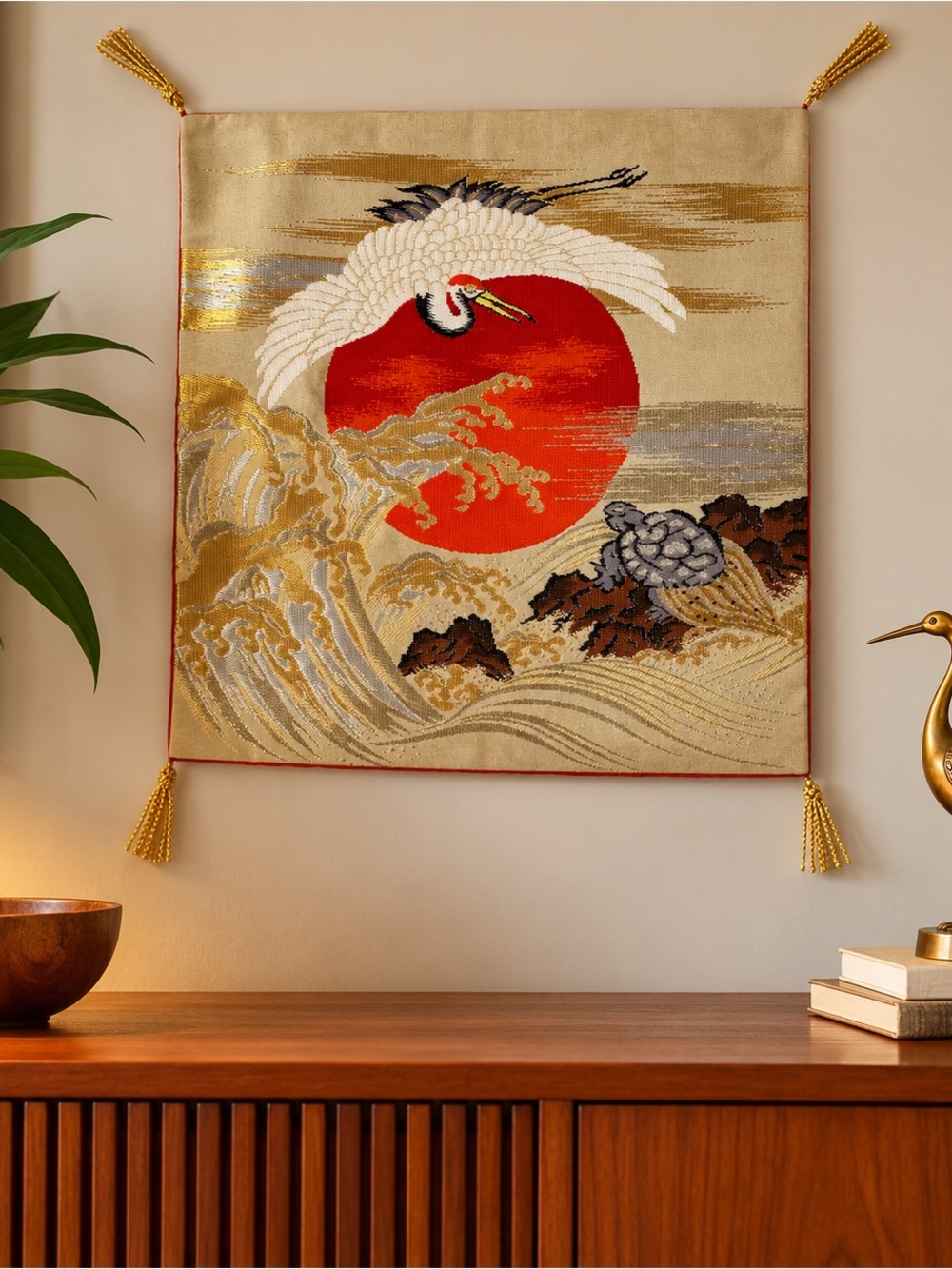 Vintage Japanese Silk Fukusa Textile | Crane, Sunrise & Turtle | Gold Brocade Wa
